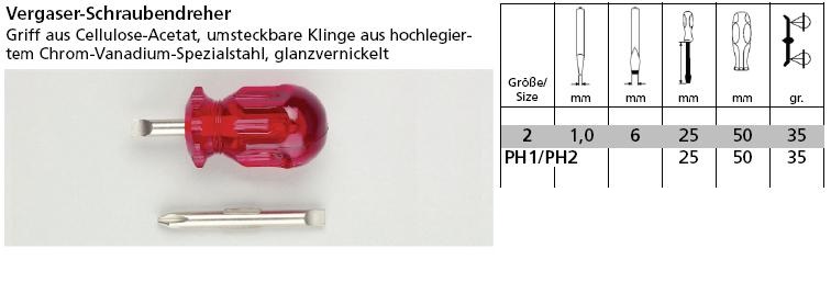 Vergaser-Schraubendreher m. umsteckbarer Klinge Kreuz PH 1 x 25mm / PH 2 x  25mm 1 Stück, Schrauben