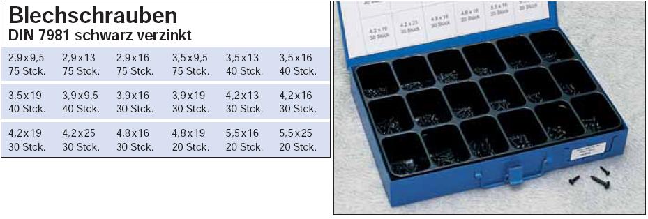 Blechschrauben-Sortiment Linsenkopf DIN 7981 schwarz verzinkt in stabiler  Metallbox, Schrauben