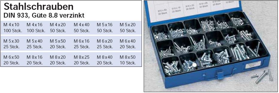 Sechskantschrauben-Sortiment DIN 933 verzinkt in stabiler Metallbox 1 Satz,  Schrauben