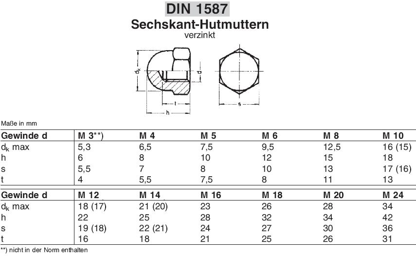 Hutmuttern DIN 1587 verzinkt, Schrauben  Günstige Sicherheitsschrauben,  Zubehör & mehr