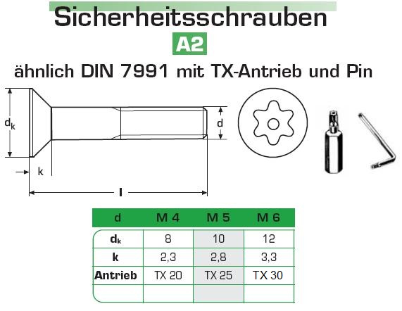 Sicherheitschrauben ähnl DIN 7991 Senkkopf mit Torx und Pin A2 Edelstahl,  Schrauben